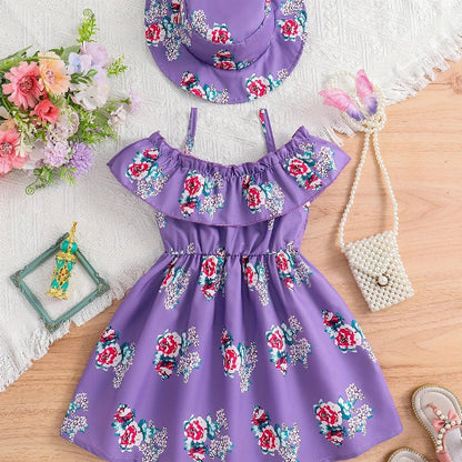 Girls’ Floral Princess Dress & Hat Set | 2-Piece Special Occasion Outfit