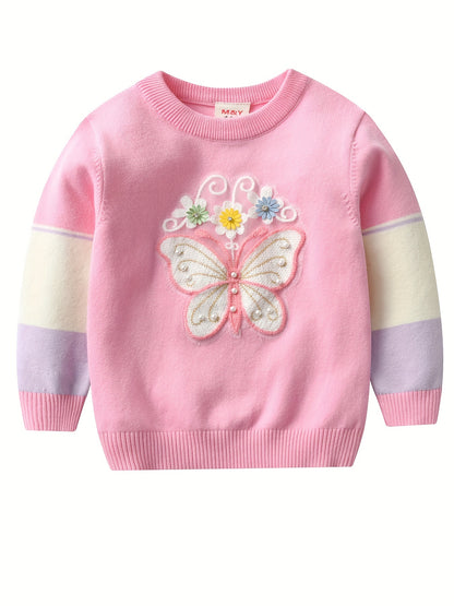 Cute Embroidered Pullover Top for Girls – Daisies, Pearls, and Butterflies 🌼🦋