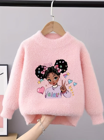 Girls Cute Cartoon Print Long Sleeve Sweatshirt damen- Cozy Crew Neck Jumper