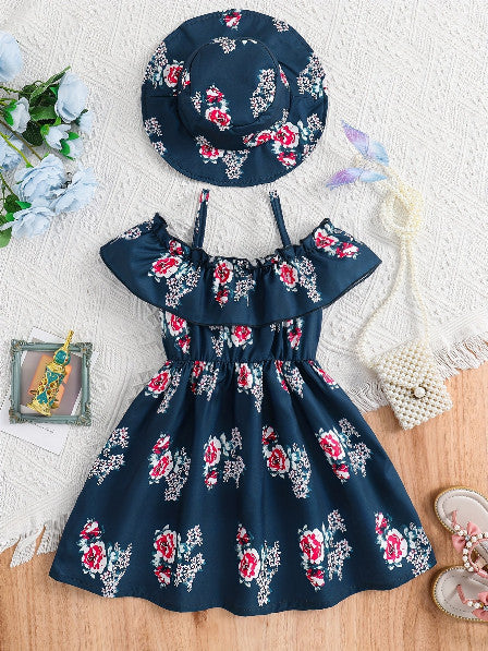 Girls’ Floral Princess Dress & Hat Set | 2-Piece Special Occasion Outfit