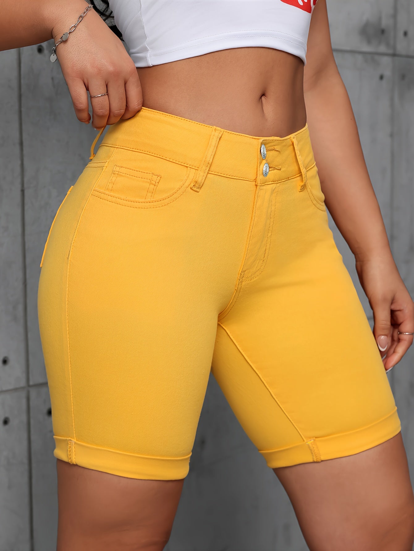 Yellow Double Buttons Slash Pocket Solid Pastel Color Denim Shorts,