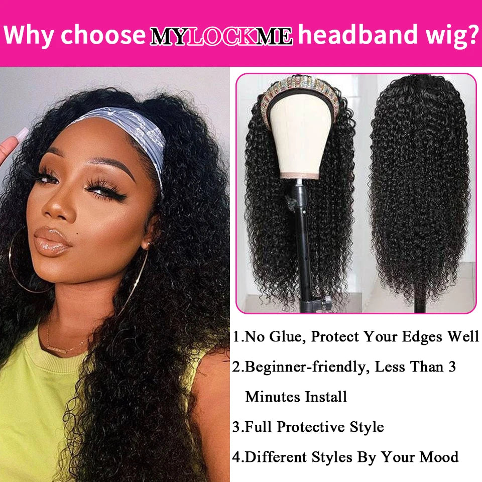 Headband Wig Human Hair Kinky Curly | 180% Density Glueless Full Machine Made Brazilian Wig