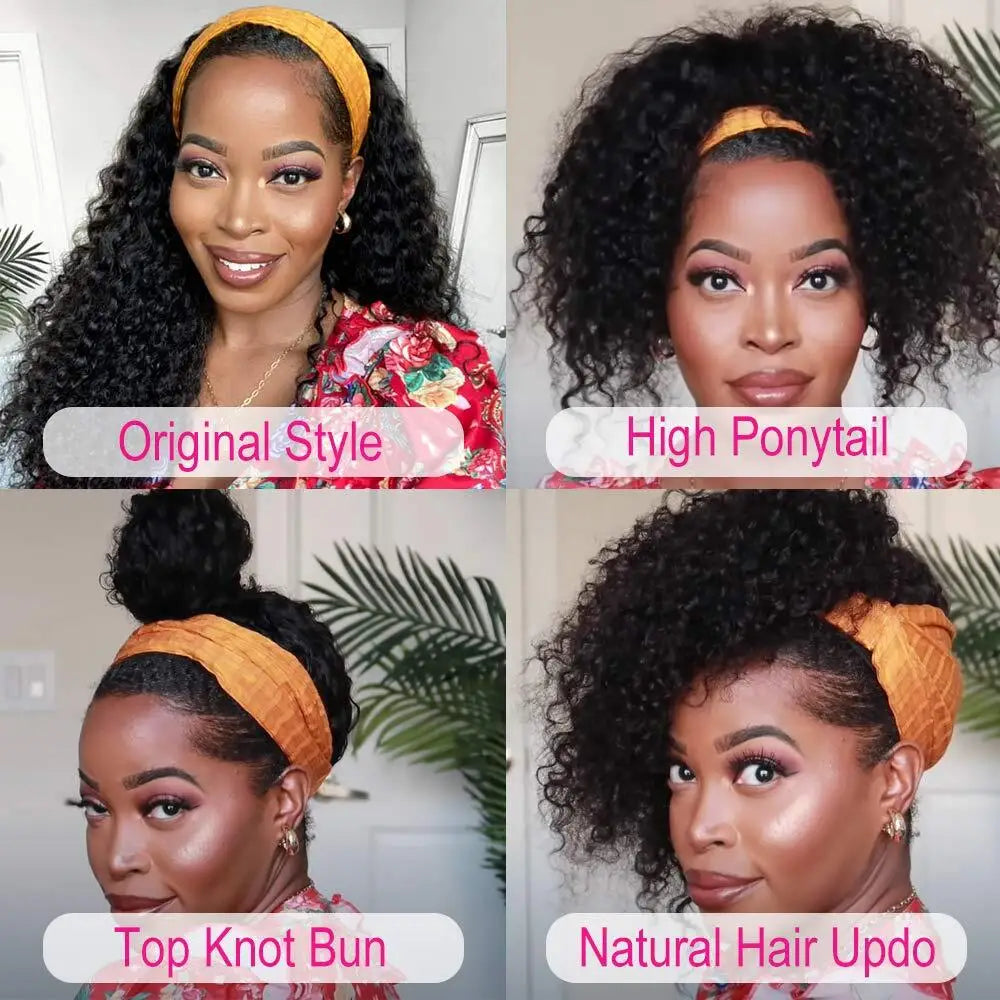 Headband Wig Human Hair Kinky Curly | 180% Density Glueless Full Machine Made Brazilian Wig