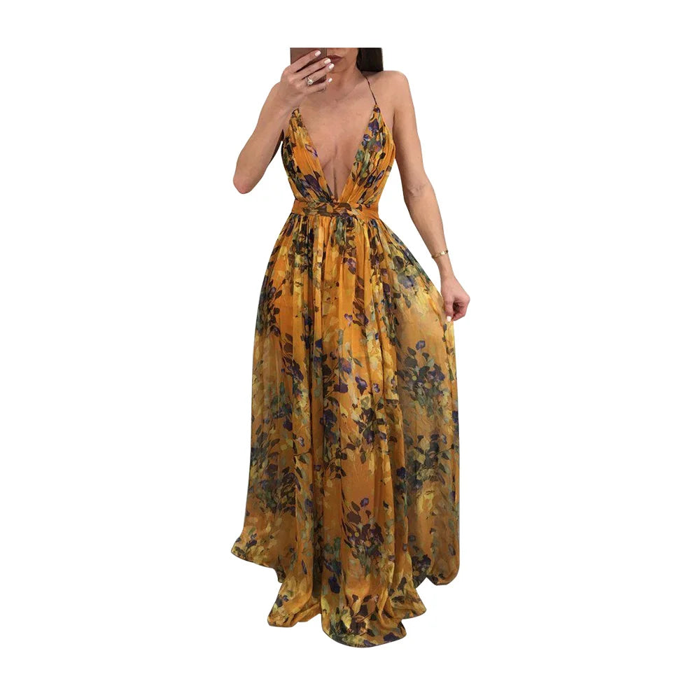 Woman-wearing-a-summer-long-maxi-dress-with-V-neck-and-print-design