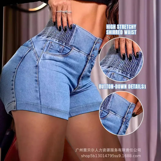 Buttoned Bleached High Waist Denim Shorts for Women