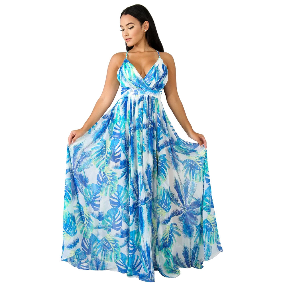 Woman-wearing-a-summer-long-maxi-dress-with-V-neck-and-print-design