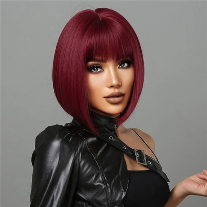 Short Wine Red Bob Wigs For Women - Burgundy Bob Wigs With Thick Bangs