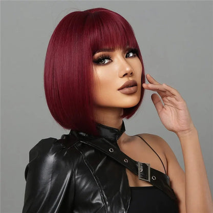 Short Wine Red Bob Wigs For Women - Burgundy Bob Wigs With Thick Bangs