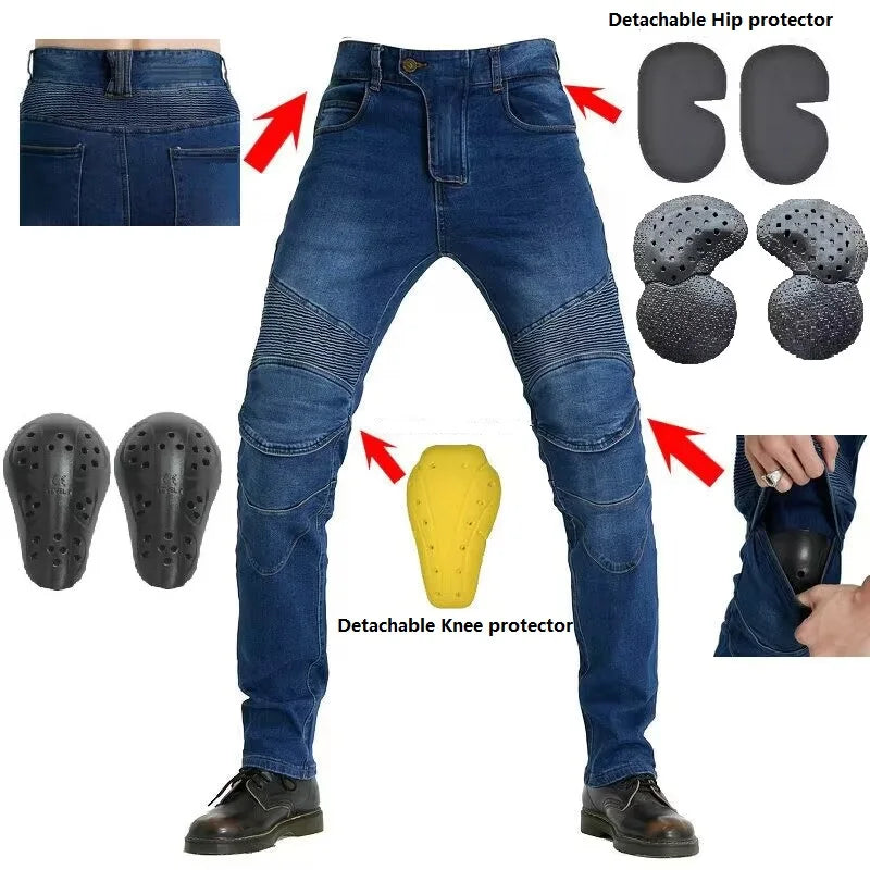 Men's Embroidered Motorcycle Jeans with Protective Gear – Perfect for Every Season