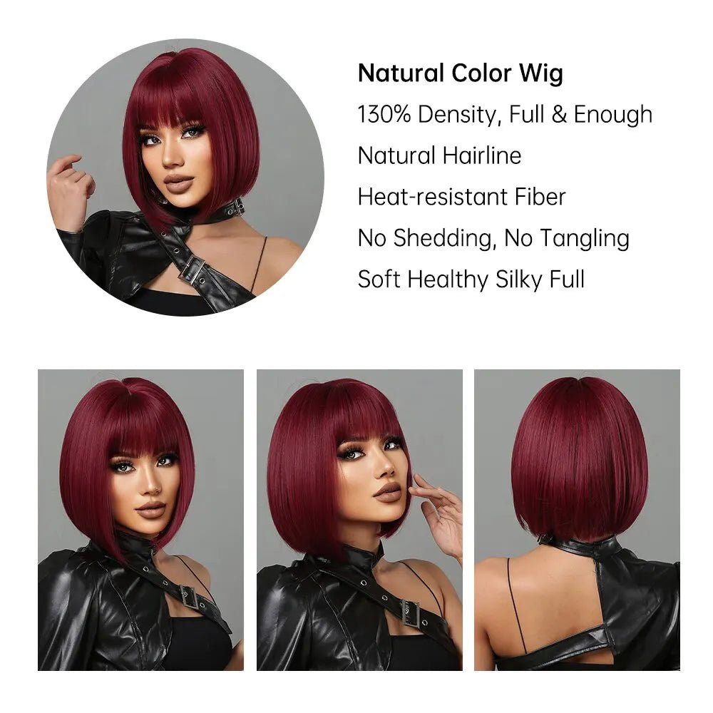 Short Wine Red Bob Wigs For Women - Burgundy Bob Wigs With Thick Bangs