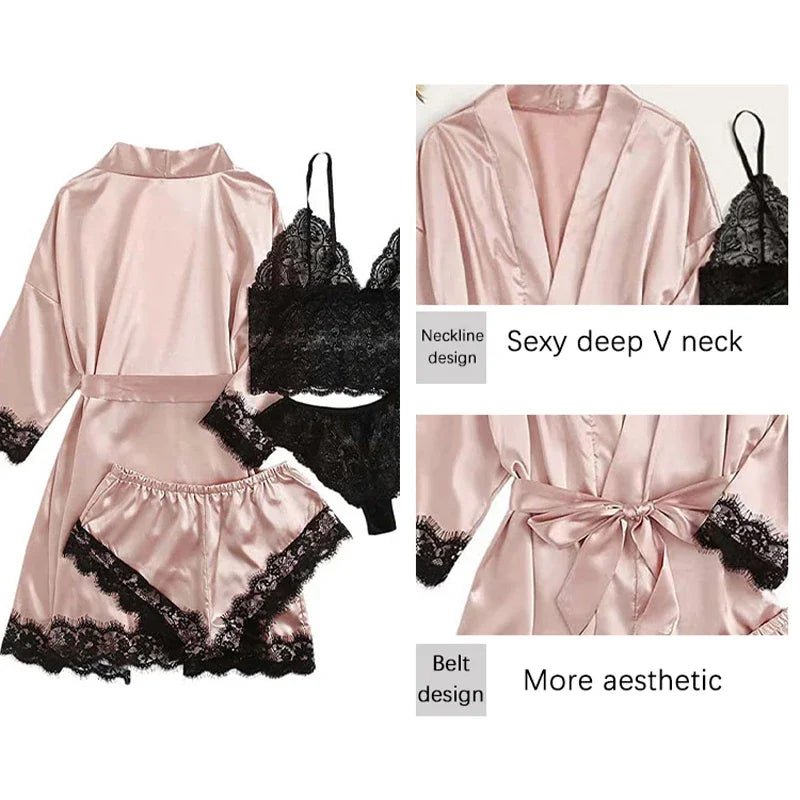 Sexy Women’s Mini Pajama Set with Robe | Silky Satin & Lace Elegance