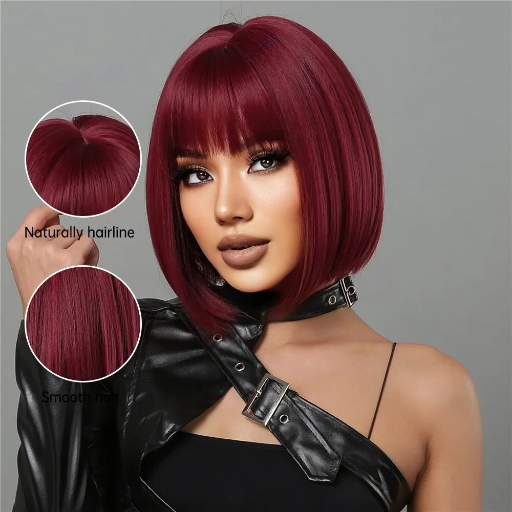 Short Wine Red Bob Wigs For Women - Burgundy Bob Wigs With Thick Bangs