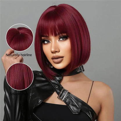 Short Wine Red Bob Wigs For Women - Burgundy Bob Wigs With Thick Bangs