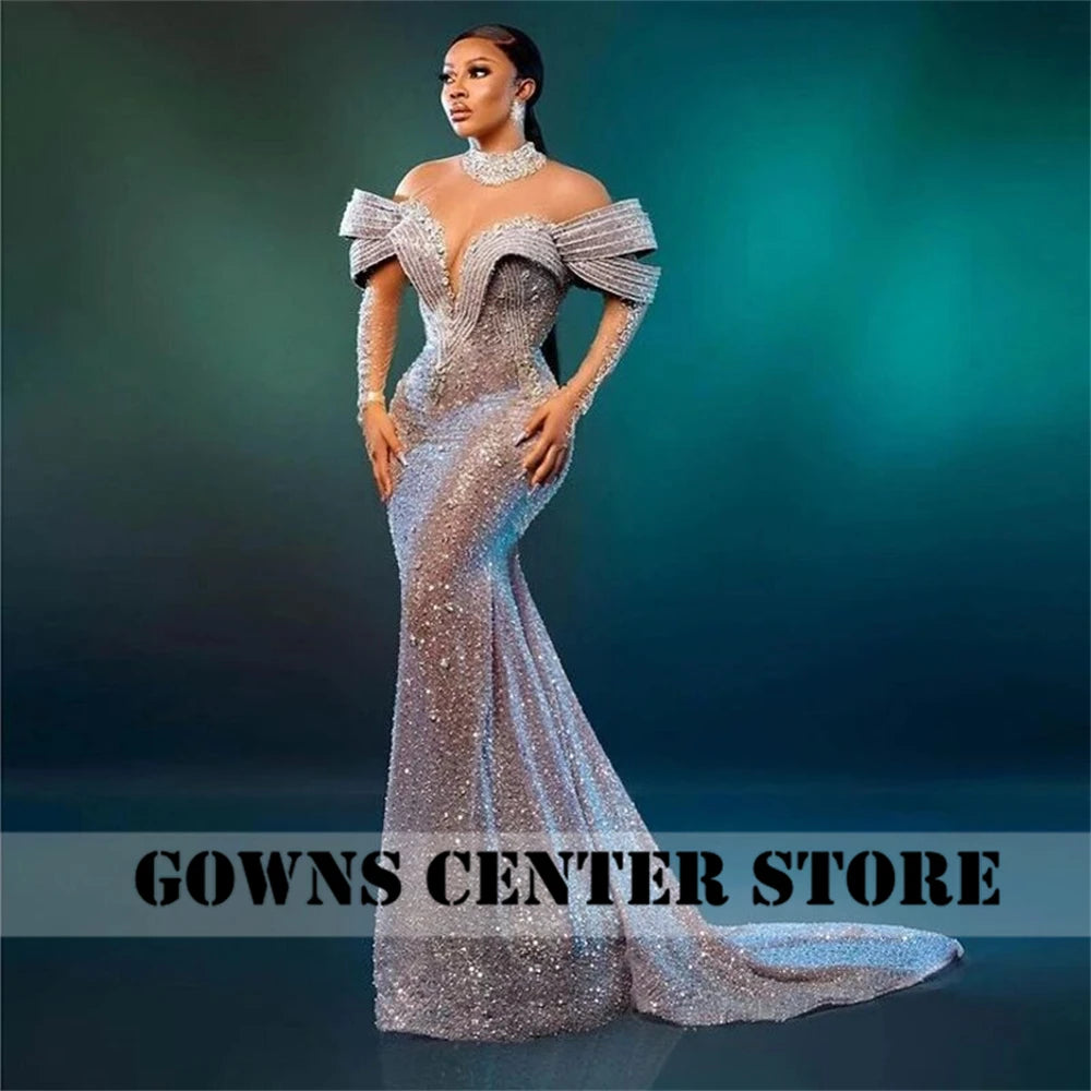 Luxury Crystals Off Shoulder Mermaid  Gown, Prom Wedding Dresses Party Dress