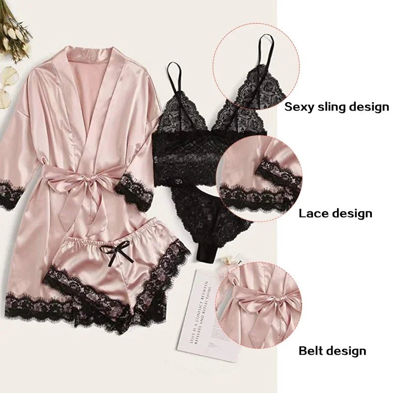 Sexy Women’s Mini Pajama Set with Robe | Silky Satin & Lace Elegance