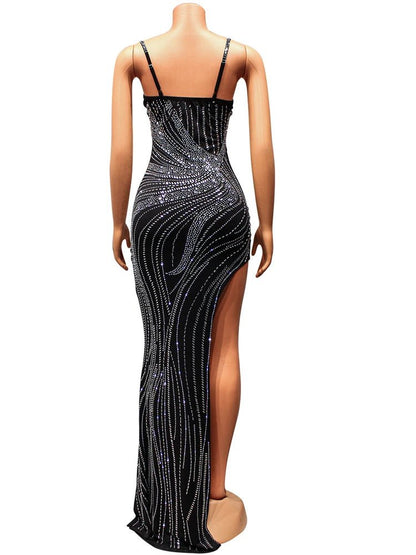 Luxury Black Crystal Maxi Dress - Elegant Evening Gown for Glamorous Occasions