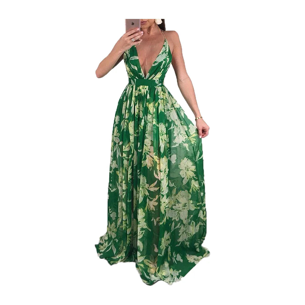 Woman-wearing-a-summer-long-maxi-dress-with-V-neck-and-print-design