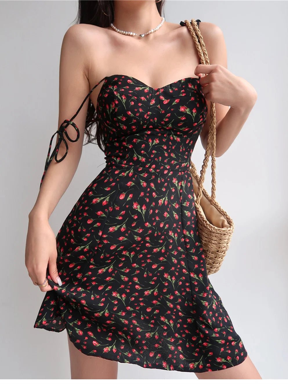 Summer Black Floral Short Dress 2024