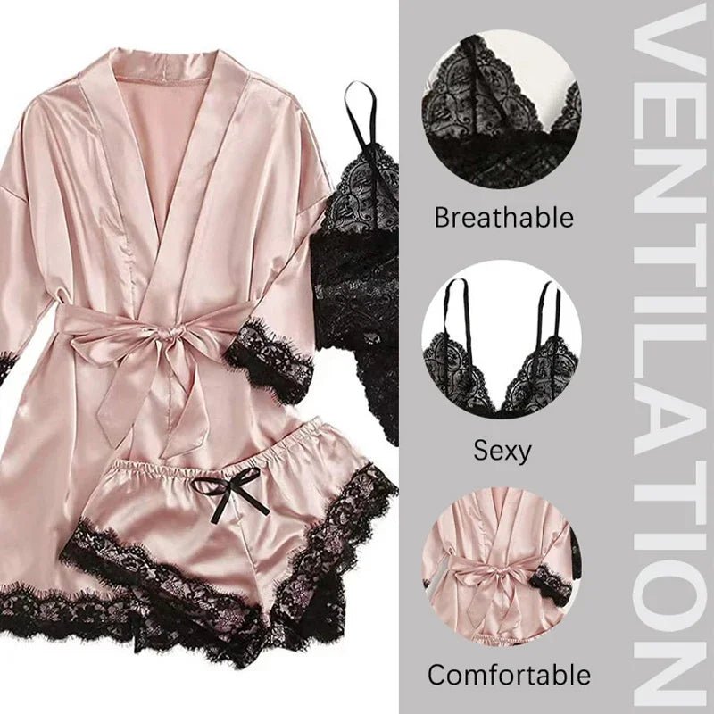 Sexy Women’s Mini Pajama Set with Robe | Silky Satin & Lace Elegance