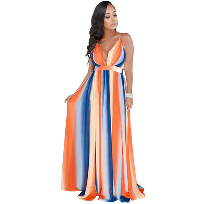 Woman-wearing-a-summer-long-maxi-dress-with-V-neck-and-print-design