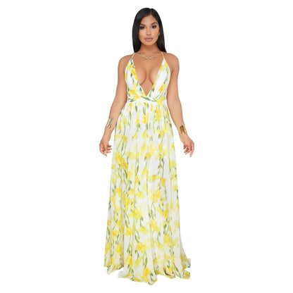 Woman-wearing-a-summer-long-maxi-dress-with-V-neck-and-print-design