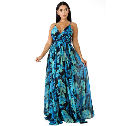 Woman-wearing-a-summer-long-maxi-dress-with-V-neck-and-print-design