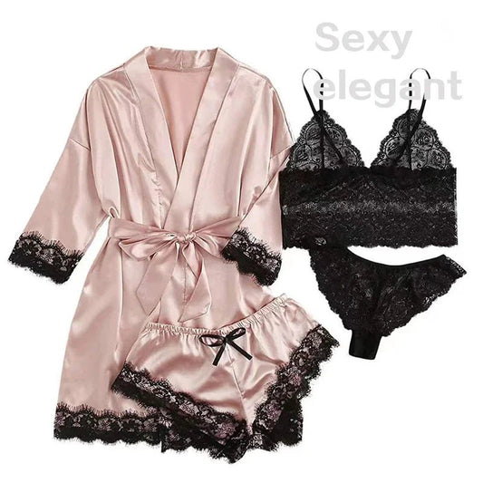 Sexy Women’s Mini Pajama Set with Robe | Silky Satin & Lace Elegance