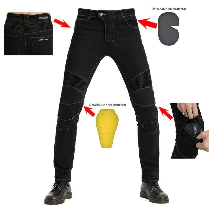 Men's Embroidered Motorcycle Jeans with Protective Gear – Perfect for Every Season