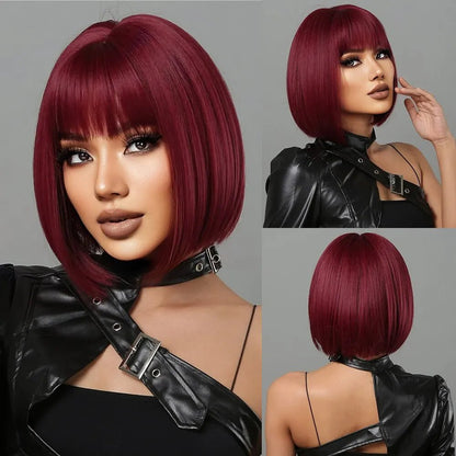 Short Wine Red Bob Wigs For Women - Burgundy Bob Wigs With Thick Bangs