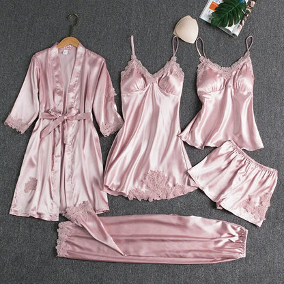 Luxurious Women's 5-Piece Silk Robe Sleep Suit Set – Premium Satin Pajama Ensemble