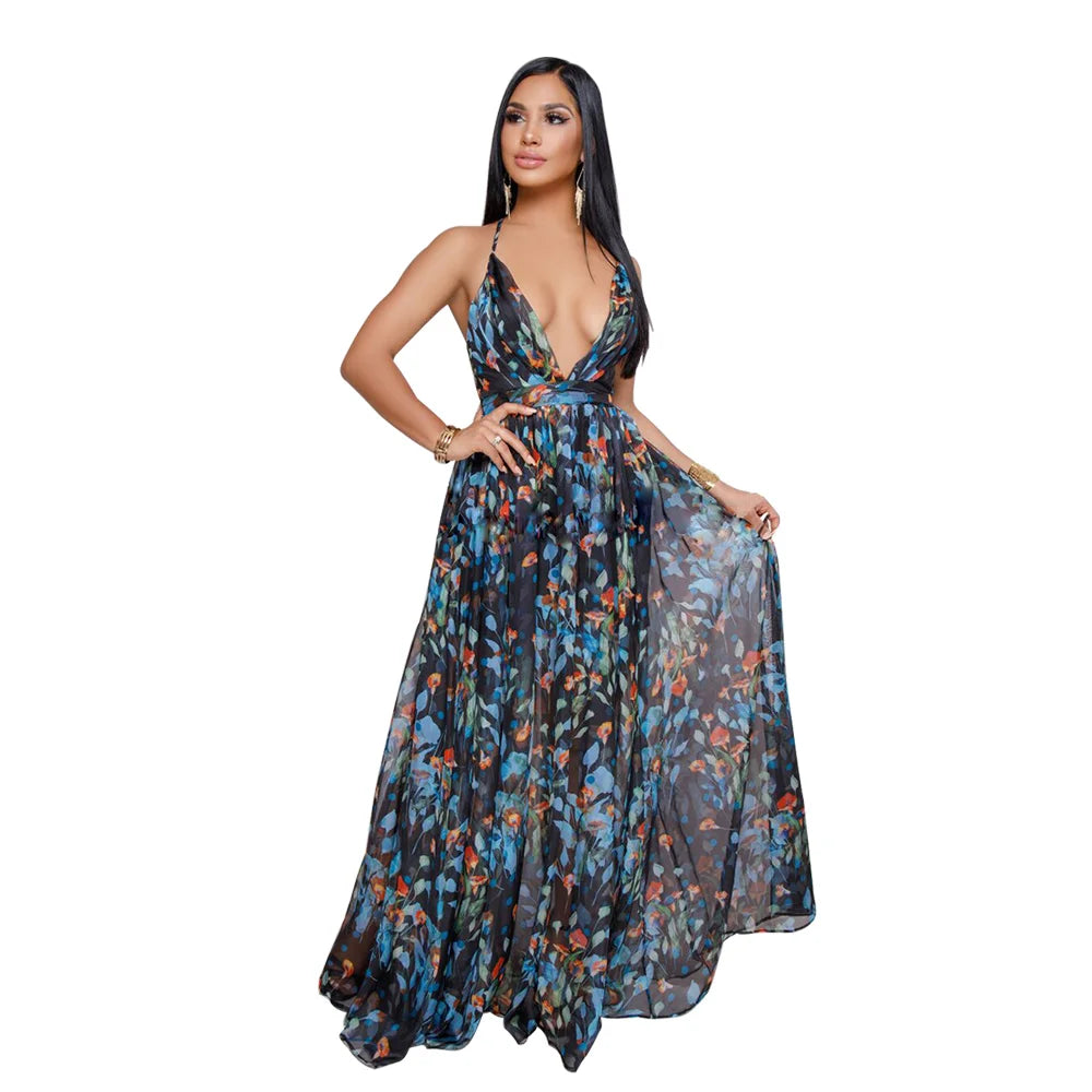 Woman-wearing-a-summer-long-maxi-dress-with-V-neck-and-print-design