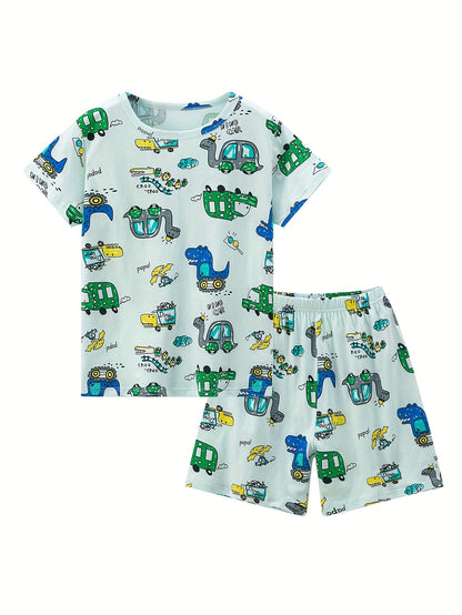 2pcs Boys Summer Loungewear Set – Thin Style Cartoon Dinosaur Print 🦖