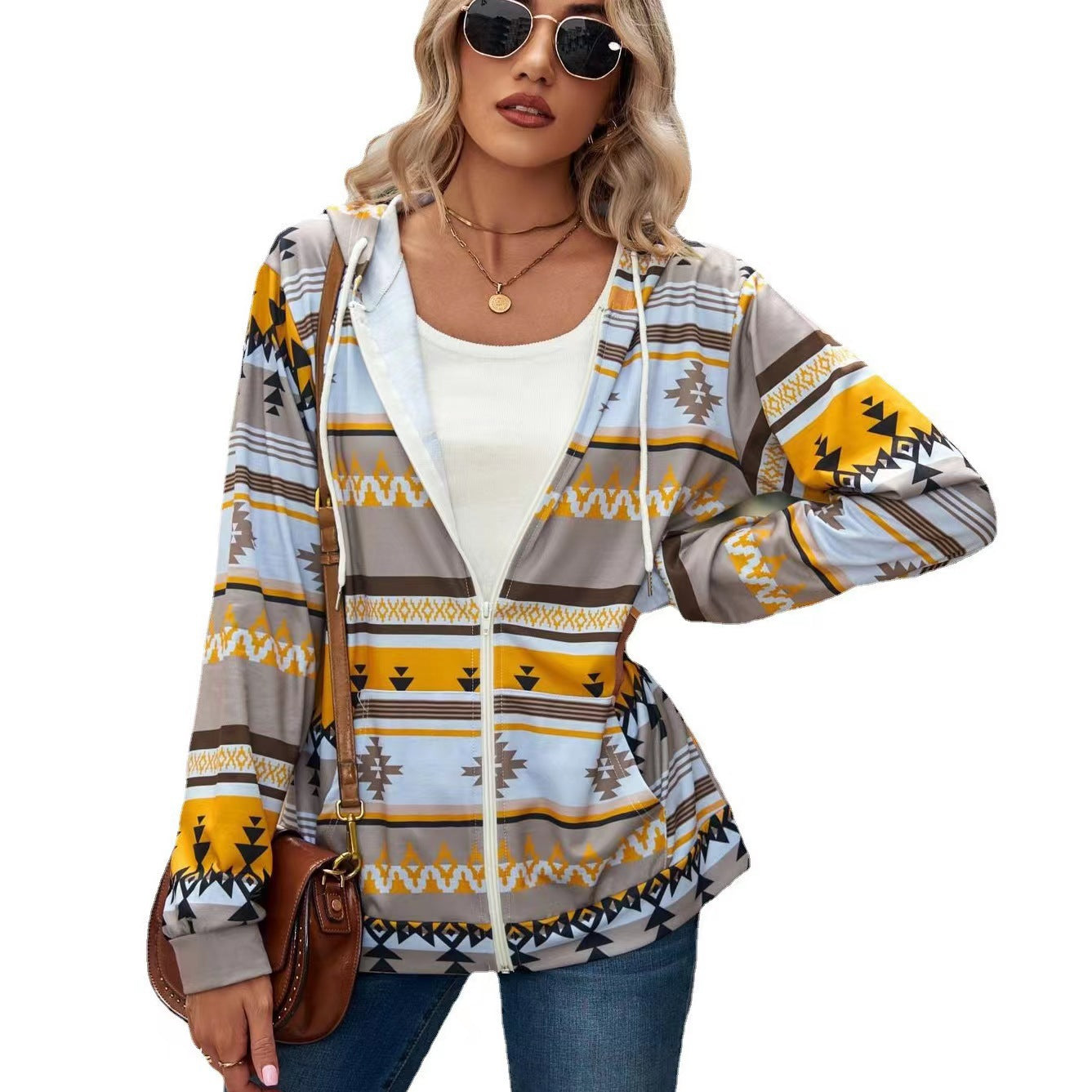 Women's Zip Up Hoodie Damen Geometric Print Sports Sweatshirt - Catchyfits