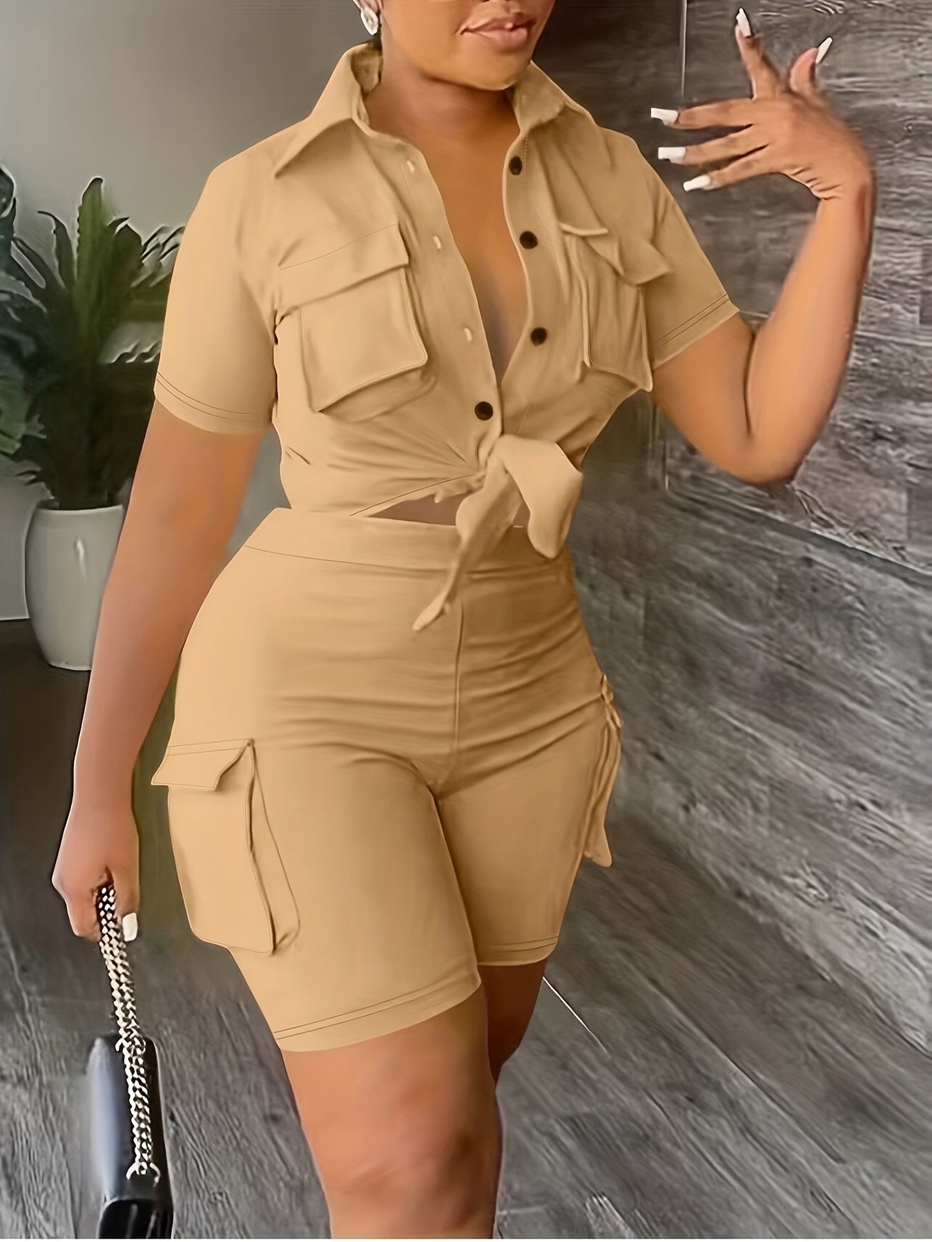 Casual Matching Two-Piece Set, Button-Front Blouse and Shorts with Flap Pockets, Women's Outfits