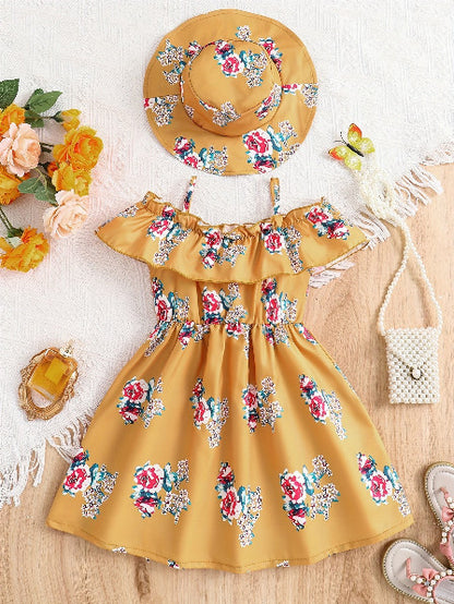 Girls’ Floral Princess Dress & Hat Set | 2-Piece Special Occasion Outfit