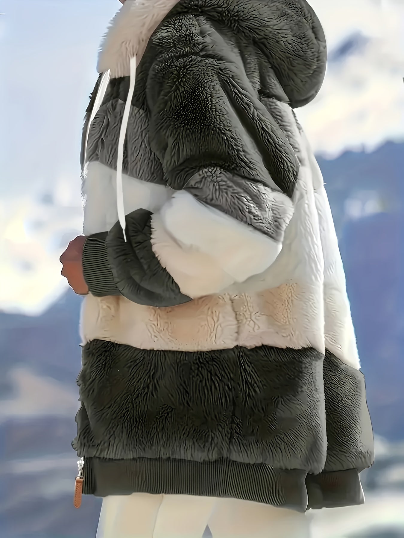 "Color Block Fuzzy Hooded Coat - Jackets In Winter Cozy Long Sleeve Winter Jacket"