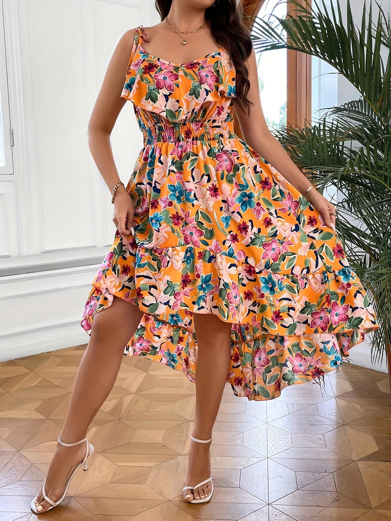 Floral Print Ruffle Trim Cami Dress - Elegant Spring & Summer Sleeveless Dress