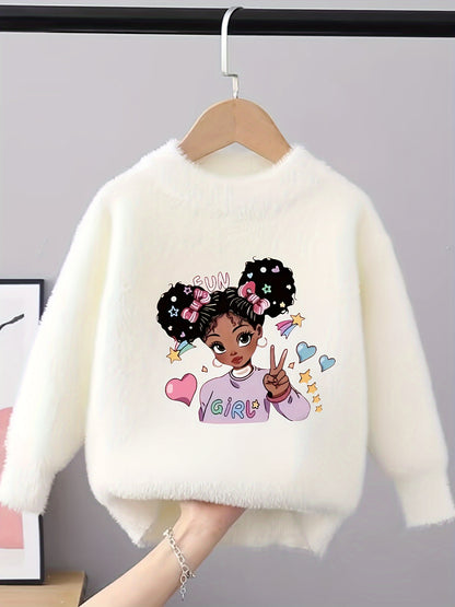 Girls Cute Cartoon Print Long Sleeve Sweatshirt damen- Cozy Crew Neck Jumper