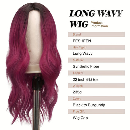 Long Wavy Wine Red Synthetic Wig for Women – Daily Wear & Party-Ready