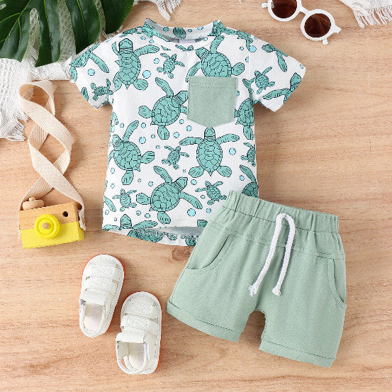 Stylish Summer Kids Short Sleeve Suit with Turtle and Shark Print