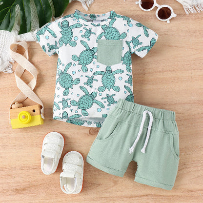 Stylish Summer Kids Short Sleeve Suit with Turtle and Shark Print