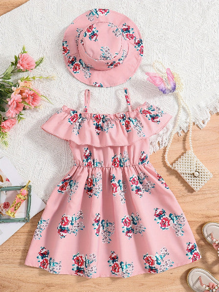 Girls’ Floral Princess Dress & Hat Set | 2-Piece Special Occasion Outfit