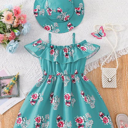 Girls’ Floral Princess Dress & Hat Set | 2-Piece Special Occasion Outfit