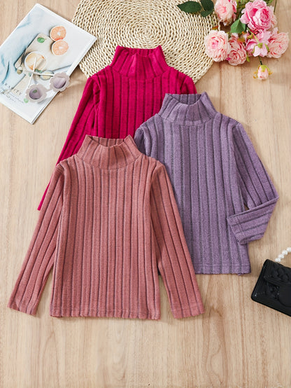 3-Piece Girls' Basic Layered Top with Stand-Up Collar and Long Sleeves**