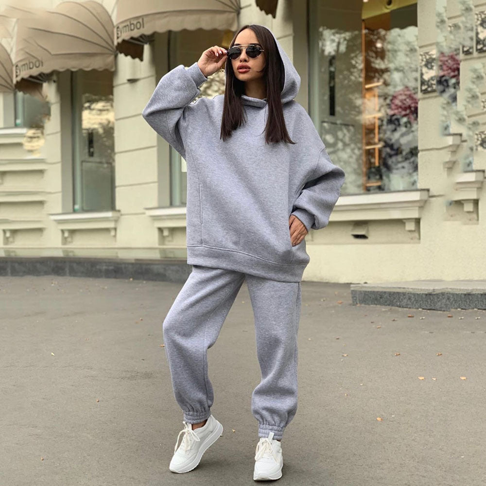 Oversize Fashion High Waist Solid Color Hoodie Casual Two-piece Set - Catchyfits