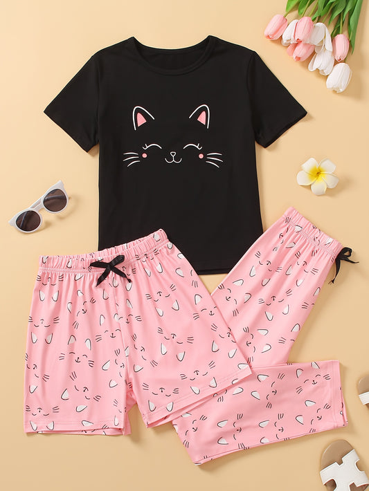 Adorable Girls' Cartoon Cat Summer Lounge Set – Cool & Comfy 🐱🌞