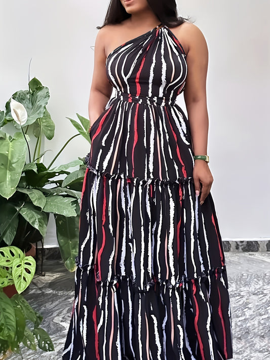 Plus Size Striped One Shoulder Maxi Dress