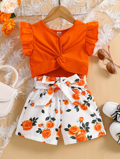 Girls’ 2-Piece Set: Orange Floral Wrap Top & High-Waist Shorts