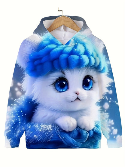 Charming Kitten Graphic Hoodie for Girls - Cozy Long Sleeve Pullover with Hood