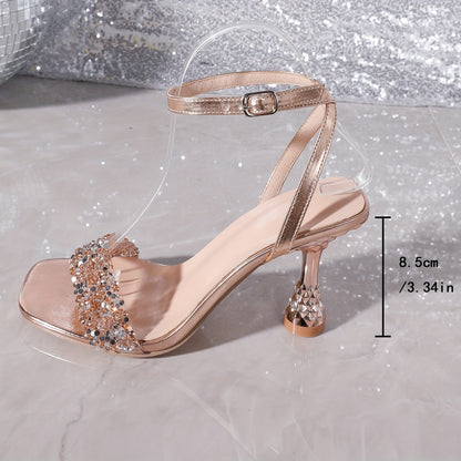 Women’s Rhinestone High Heel | Glamorous Square Toe & Ankle Strap